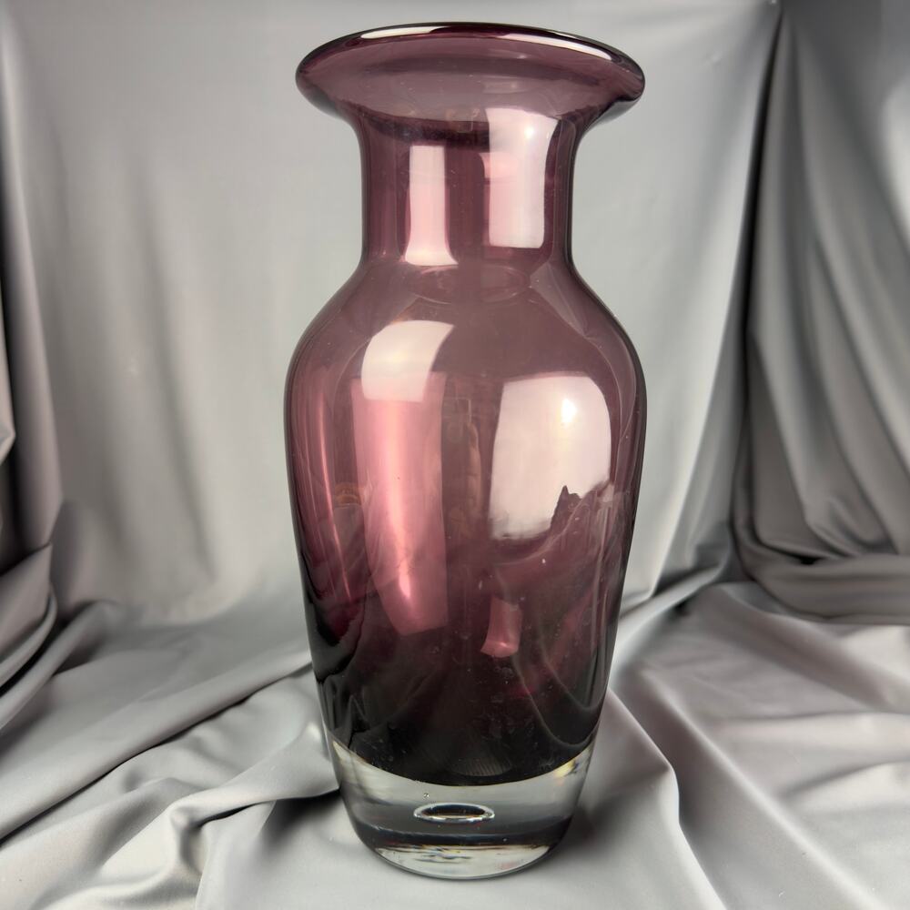 Vintage Amethyst Purple Hand Blown Glass Vase 10" Clear Base Decor
